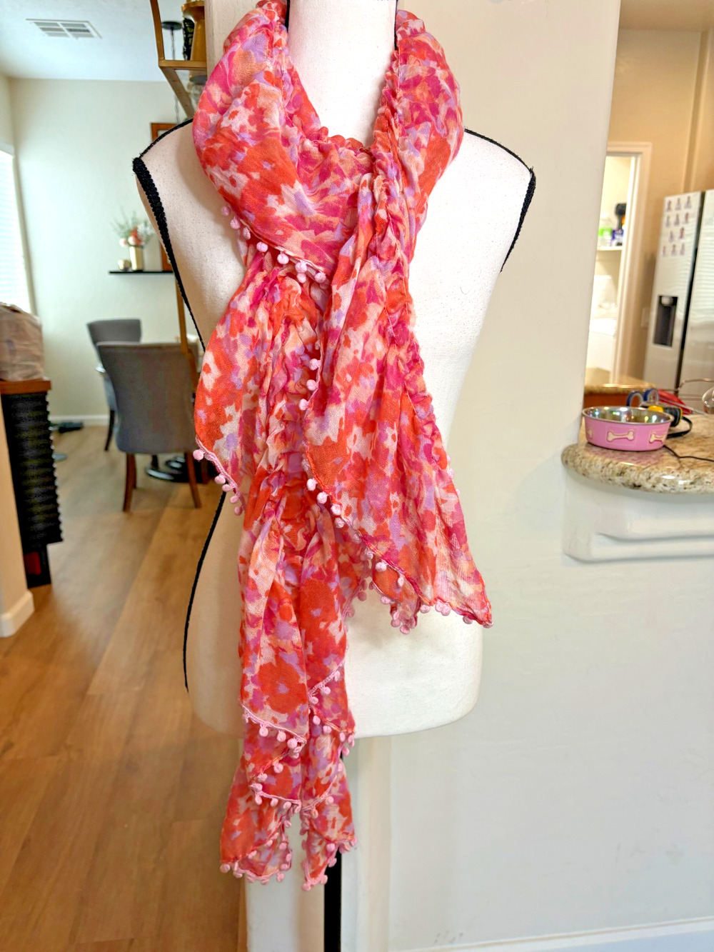 Natural Life Pink Orange Floral Pom Pom Scarf Lightweight Boho Wrap Shawl Stole